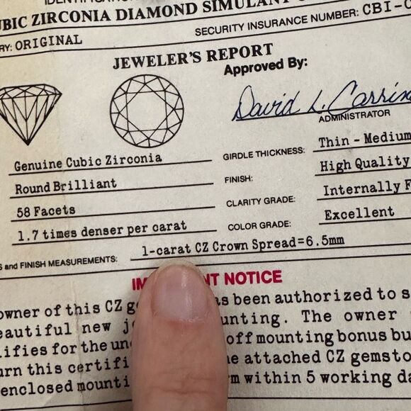 Vtg 1-Carat CZ Crown Spread 6.5MM Stone Lindenwold Jewelers with Certificate - Picture 6 of 7